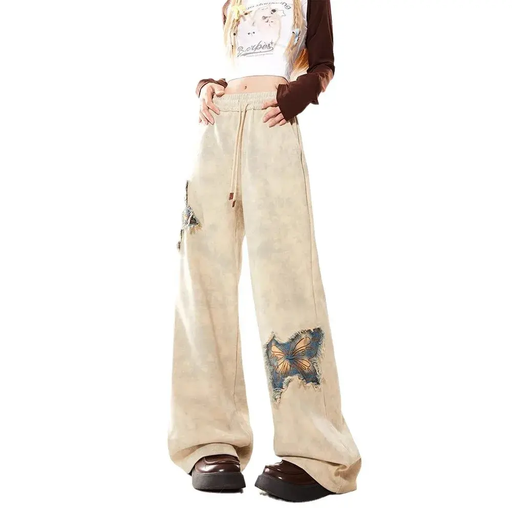 Thickened Fleece Wide Leg Pants Women's High Waist Straight Cut Slimming Loose Fit Trousers Butterfly Lace Edge American Style