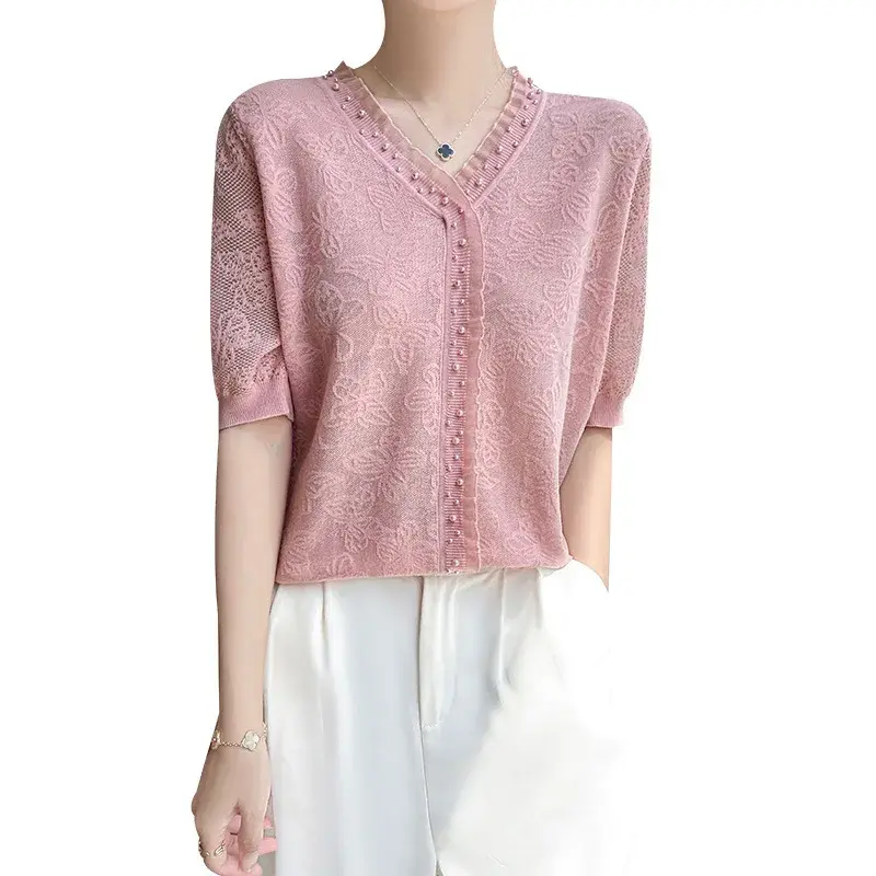 Spring Summer New Women's Soft Silk V-Neck Beaded Jacquard Design Short Sleeves Loose Fit Sweet Style Knit Inner
