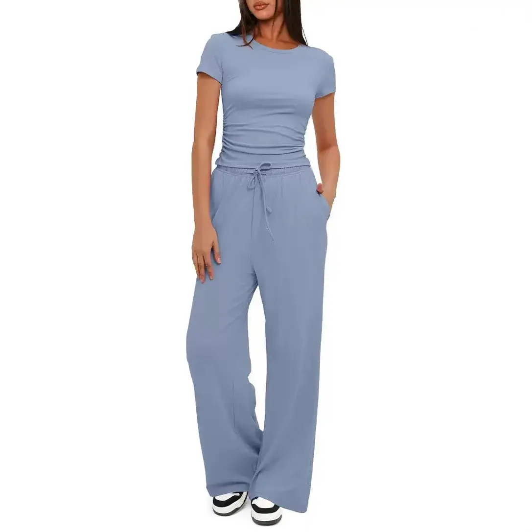 Casual 2-Piece Set Women's Short Sleeve Pleated Top High Waist Wide Leg Pants Ensemble Polyester Fiber Made in China