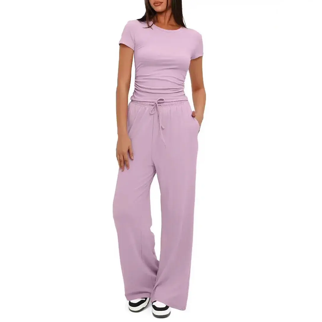 Casual 2-Piece Set Women's Short Sleeve Pleated Top High Waist Wide Leg Pants Ensemble Polyester Fiber Made in China