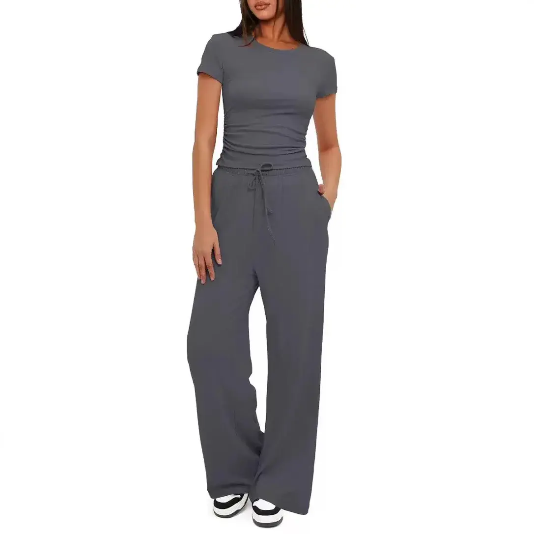 Casual 2-Piece Set Women's Short Sleeve Pleated Top High Waist Wide Leg Pants Ensemble Polyester Fiber Made in China