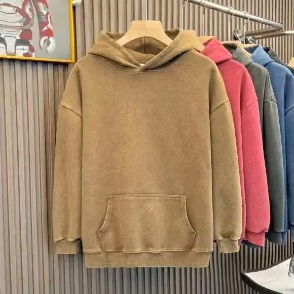 400g Pure Cotton Hooded Sweatshirt American Style Vintage Solid Color Loose Fit Hooded Sweatshirt Men's Couple Jacket