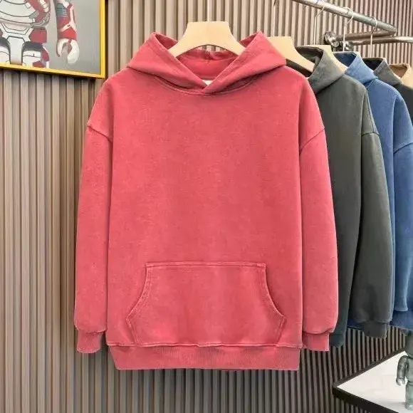 400g Pure Cotton Hooded Sweatshirt American Style Vintage Solid Color Loose Fit Hooded Sweatshirt Men's Couple Jacket