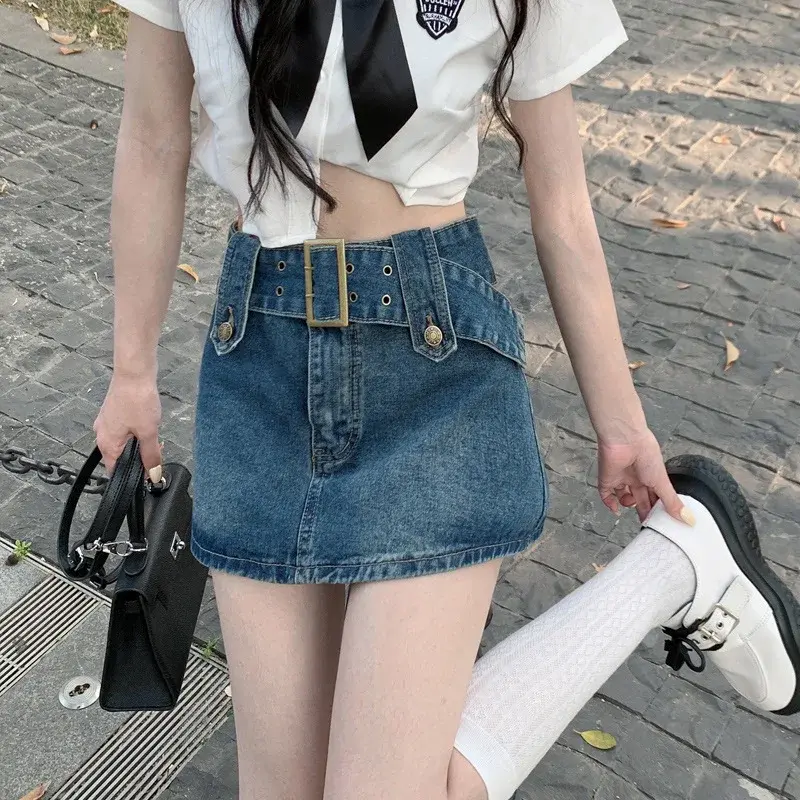 Women's High-Waisted Denim Mini Dress A- Line Hip Covering Anti-Exposure Vintage Style Niche Design Sensibility