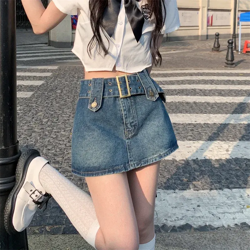 Women's High-Waisted Denim Mini Dress A- Line Hip Covering Anti-Exposure Vintage Style Niche Design Sensibility