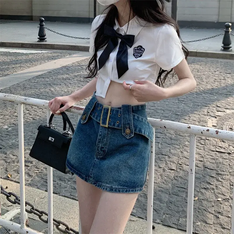 Women's High-Waisted Denim Mini Dress A- Line Hip Covering Anti-Exposure Vintage Style Niche Design Sensibility