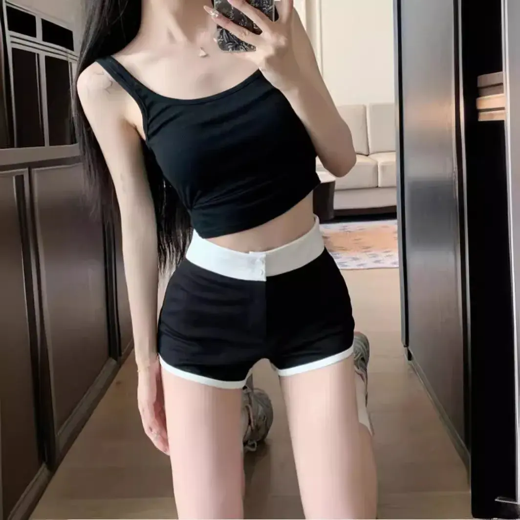 Pure Desire Fitness Spicy Girl Color Blocking High-Waisted Straight-Leg Shorts Casual Versatile Women's Clothing Summer 2024