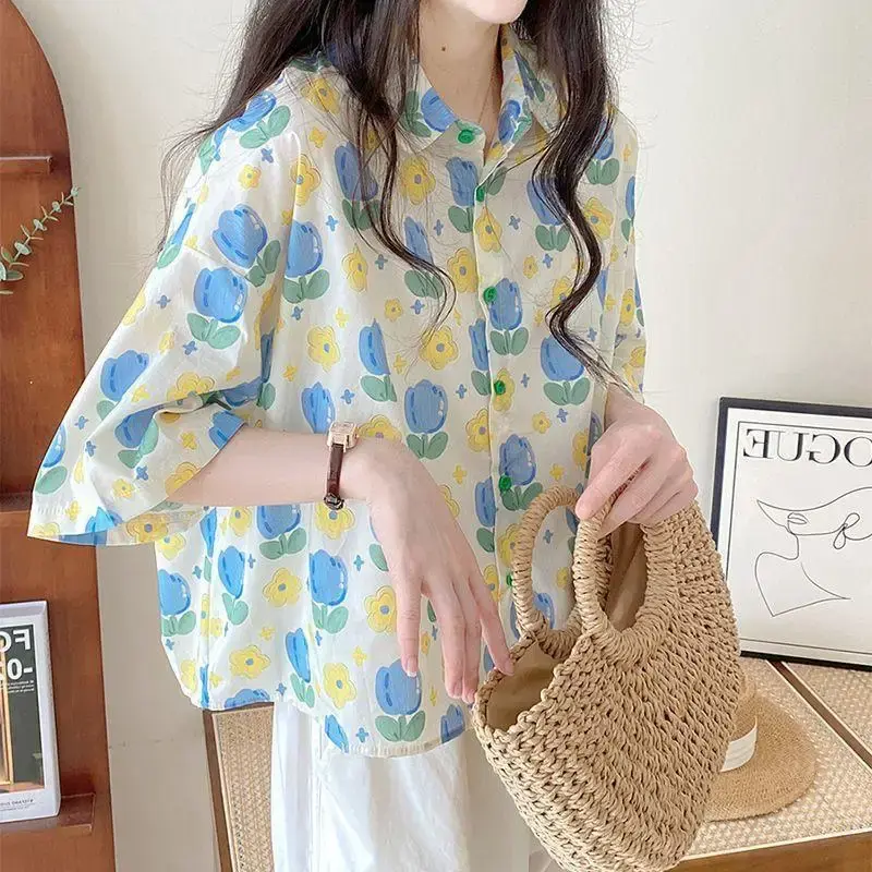 Women's Summer New Style 2023 Japanese Fresh Harajuku Spirit Splattered Flower Cropped Short Sleeves Top Sleeveless Shirt