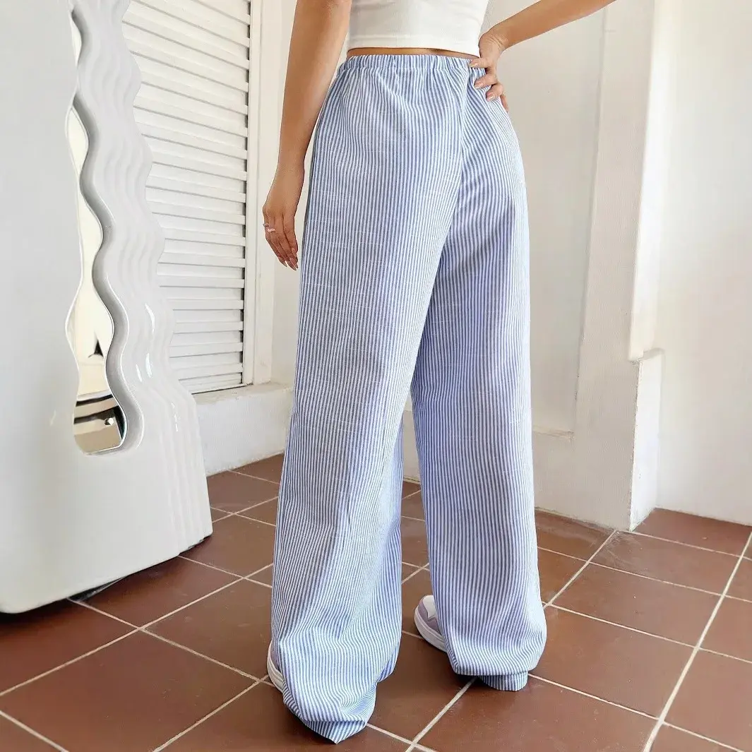 Summer 2025 Korean Style Blue Striped Drawstring High Waist Loose Casual Pants Women Slimming Comfortable Loose Fit Trousers