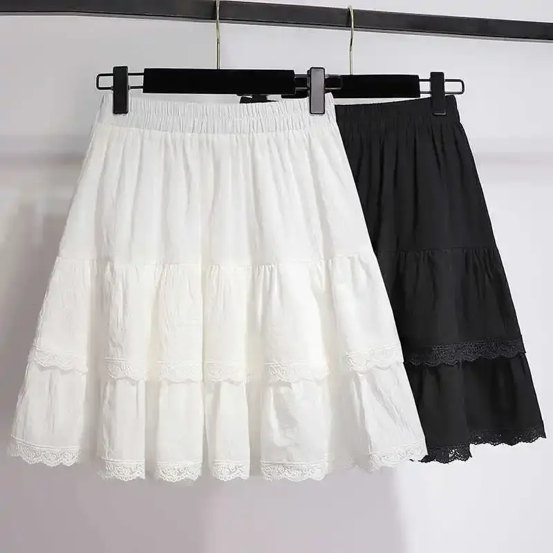 Slimming High Waist Lace Half Body Skirt Women's White Splicing Short Cake Skirt Spring Summer New Arrival A- Line Pure Color
