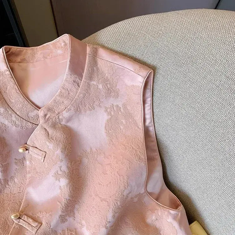Pink Chinese Style Embroidered Slipover Women's Vest Spring Summer New Sweetish National Trend Crew Neck Short Sleeve Top