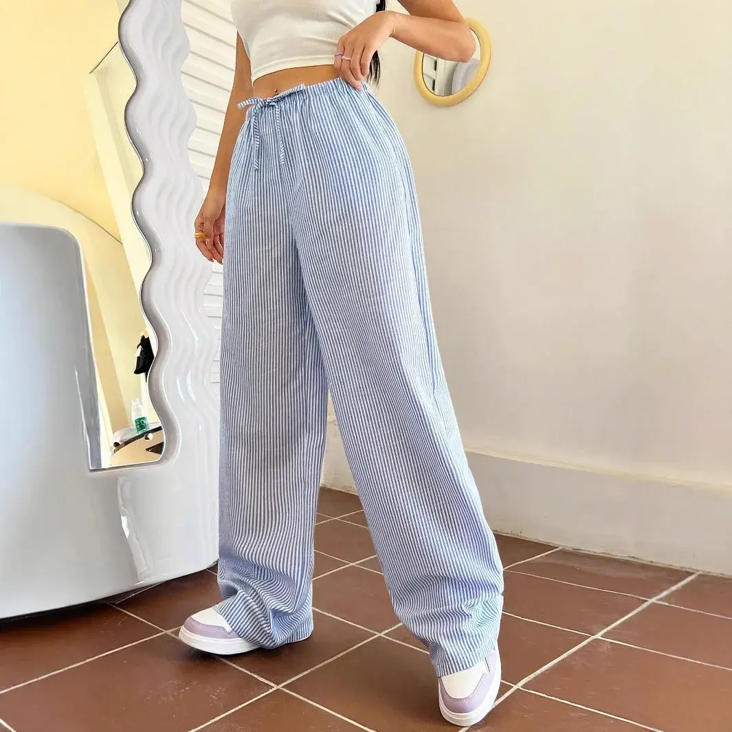 Summer 2025 Korean Style Blue Striped Drawstring High Waist Loose Casual Pants Women Slimming Comfortable Loose Fit Trousers