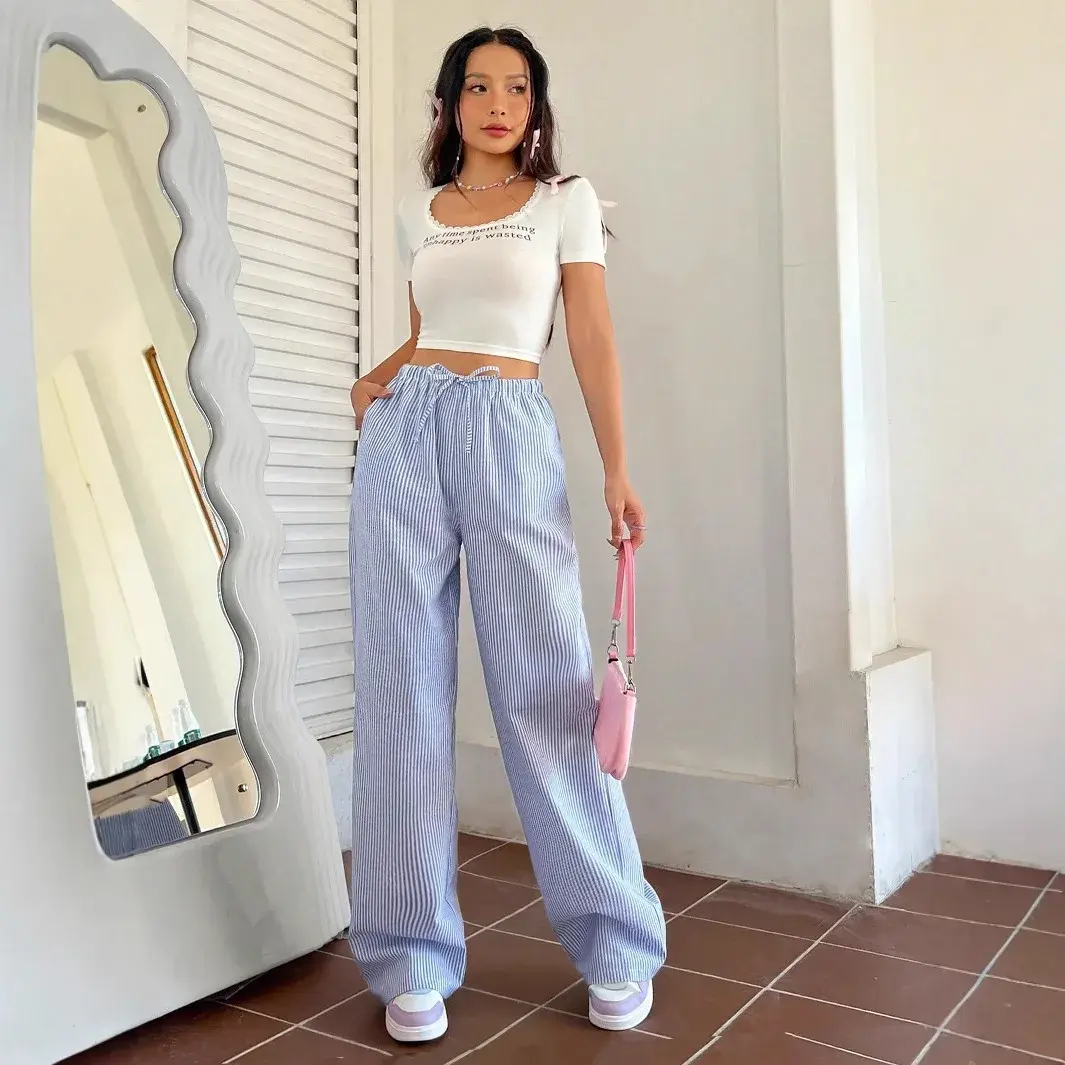 Summer 2025 Korean Style Blue Striped Drawstring High Waist Loose Casual Pants Women Slimming Comfortable Loose Fit Trousers