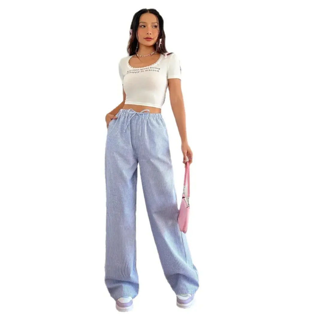Summer 2025 Korean Style Blue Striped Drawstring High Waist Loose Casual Pants Women Slimming Comfortable Loose Fit Trousers