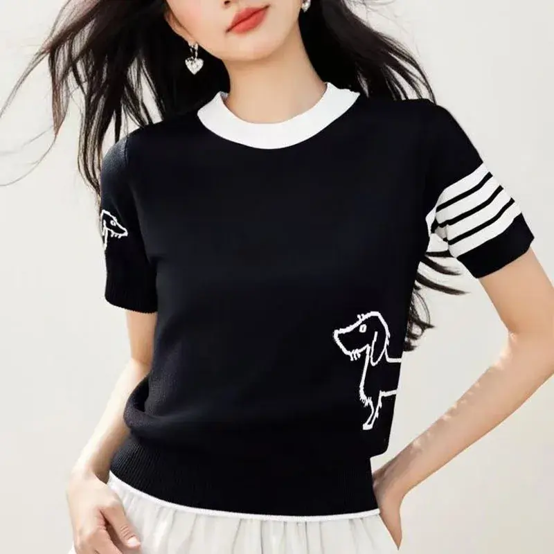 Loose Ice Silk Knitted Short Sleeve Crew Neck T-Shirt Summer New Dog Pattern Color Block Women's Versatile Top Quality Craftsman