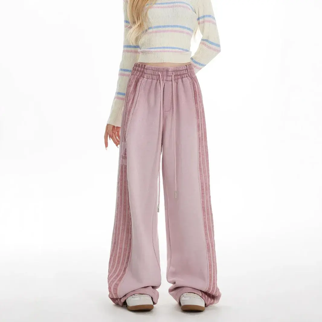 High Waist Wide Leg Pants Striped Casual Sports Sweatpants Women Loose Fit Straight Cut Long Trousers Spring Autumn New Style