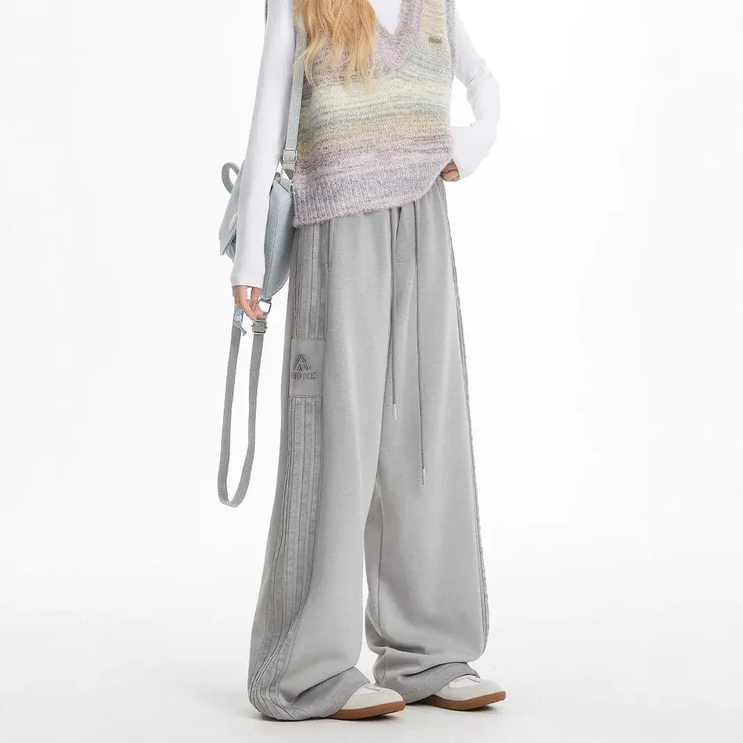 High Waist Wide Leg Pants Striped Casual Sports Sweatpants Women Loose Fit Straight Cut Long Trousers Spring Autumn New Style