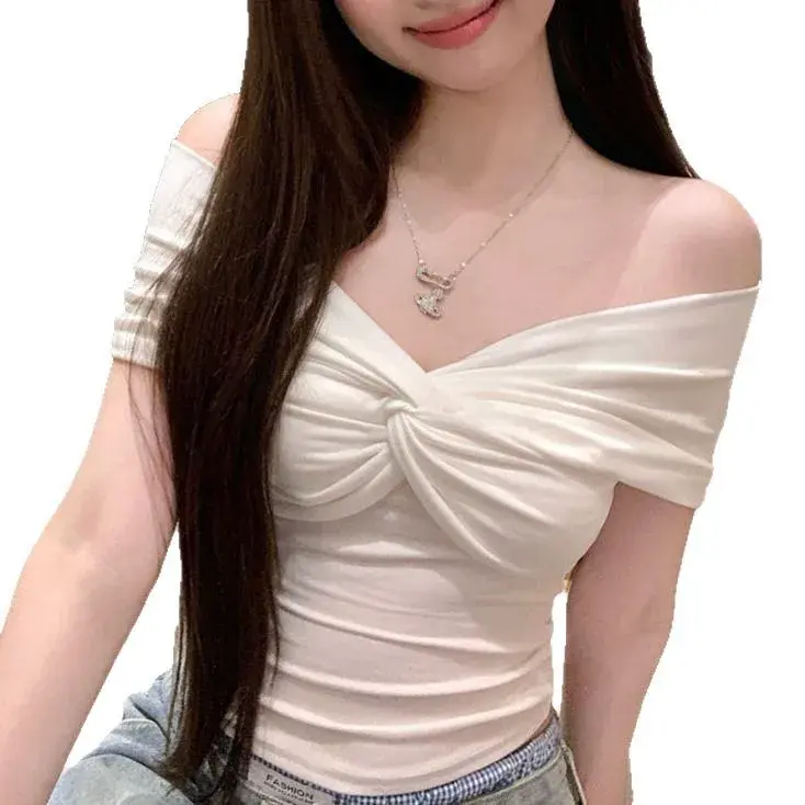 Slim Fit Short Sleeve T-Shirt Women's Summer Choker Design Shoulder Baring Top Sexy Short Base Shirt Bottoming Female Clothing