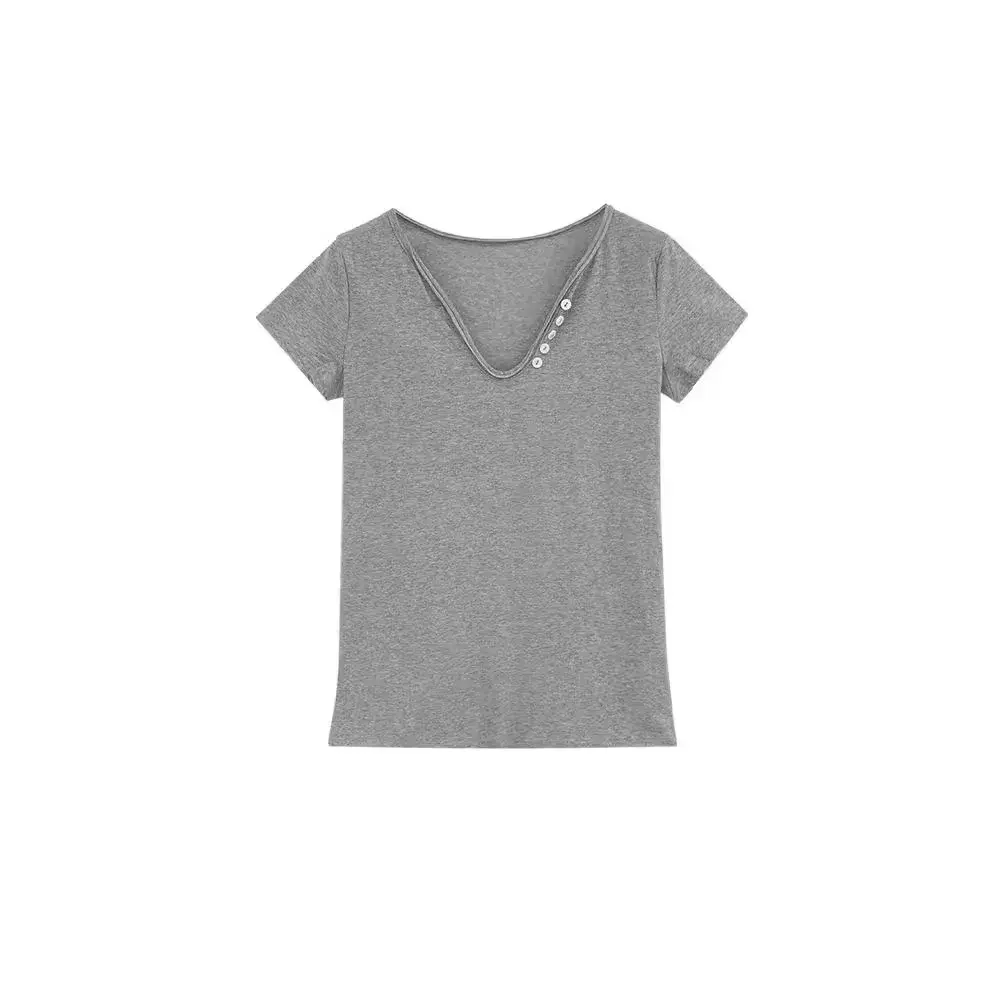 High-End FeelV V-Neck Decorative Short Sleeve T-Shirt Women's Fashionable Stylish Idle StyleTop 2024 Summer New Arrival