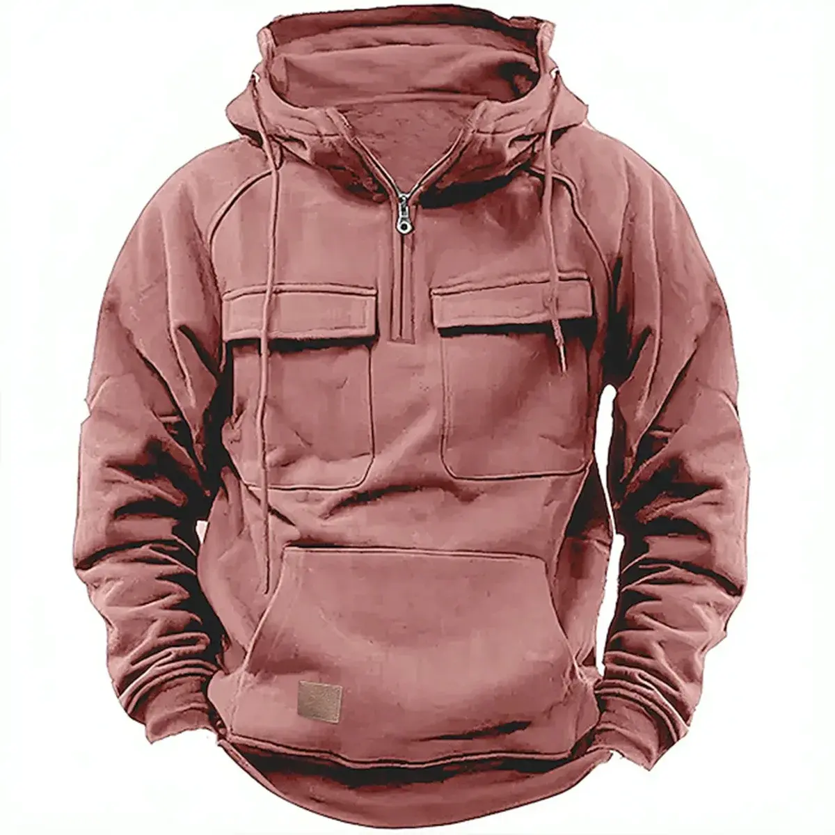 Cross-Border Autumn/Winter Men's Hooded Solid Color Sweatshirt European and American Sports Multi-Pocket Leather Sweatshirt Jack