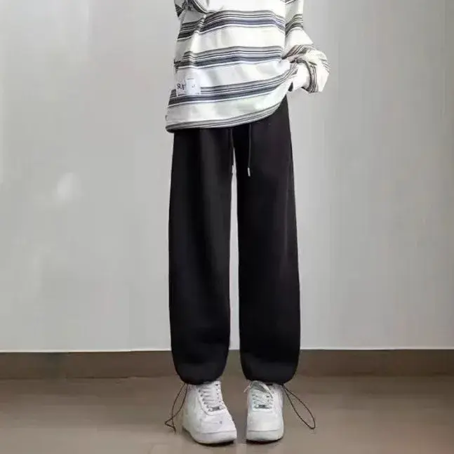 Women's White Grey Fleece Lined Wide Leg Casual Sports Pants Autumn Winter Loose Fit American Style Slimming Sweatpants