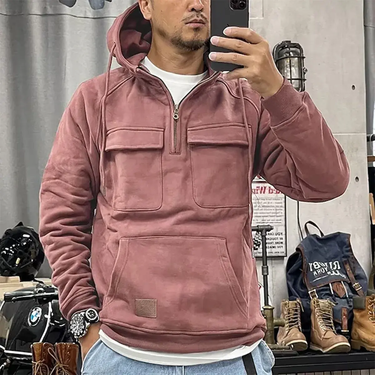 Cross-Border Autumn/Winter Men's Hooded Solid Color Sweatshirt European and American Sports Multi-Pocket Leather Sweatshirt Jack