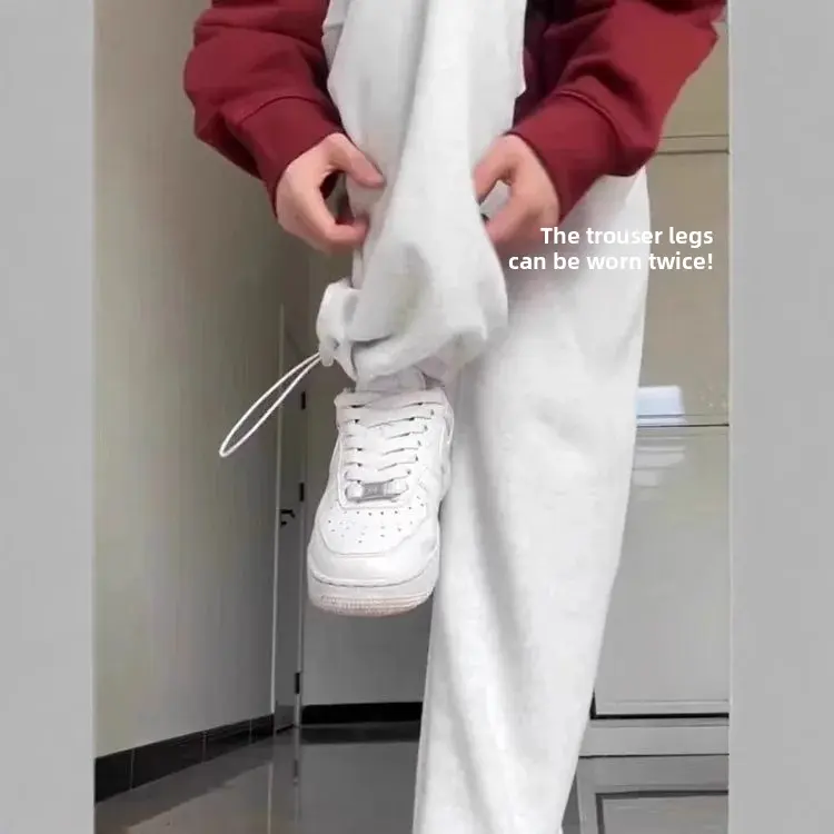 Women's White Grey Fleece Lined Wide Leg Casual Sports Pants Autumn Winter Loose Fit American Style Slimming Sweatpants