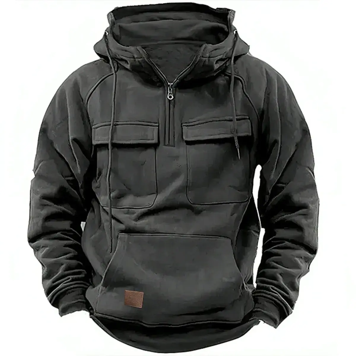 Cross-Border Autumn/Winter Men's Hooded Solid Color Sweatshirt European and American Sports Multi-Pocket Leather Sweatshirt Jack