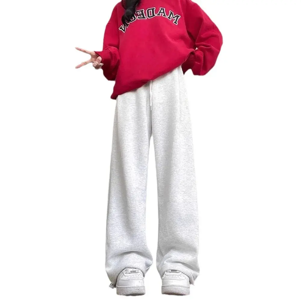 Women's White Grey Fleece Lined Wide Leg Casual Sports Pants Autumn Winter Loose Fit American Style Slimming Sweatpants