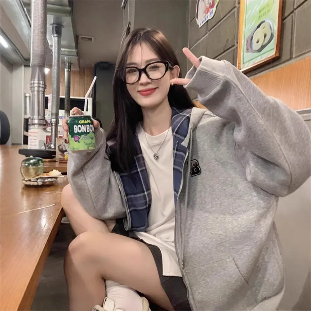 Retro American Plaid Splicing Hoodie Women's Spring Autumn New Oversize Loose Lazy Style Open Cardigan Coat Polyester Fiber
