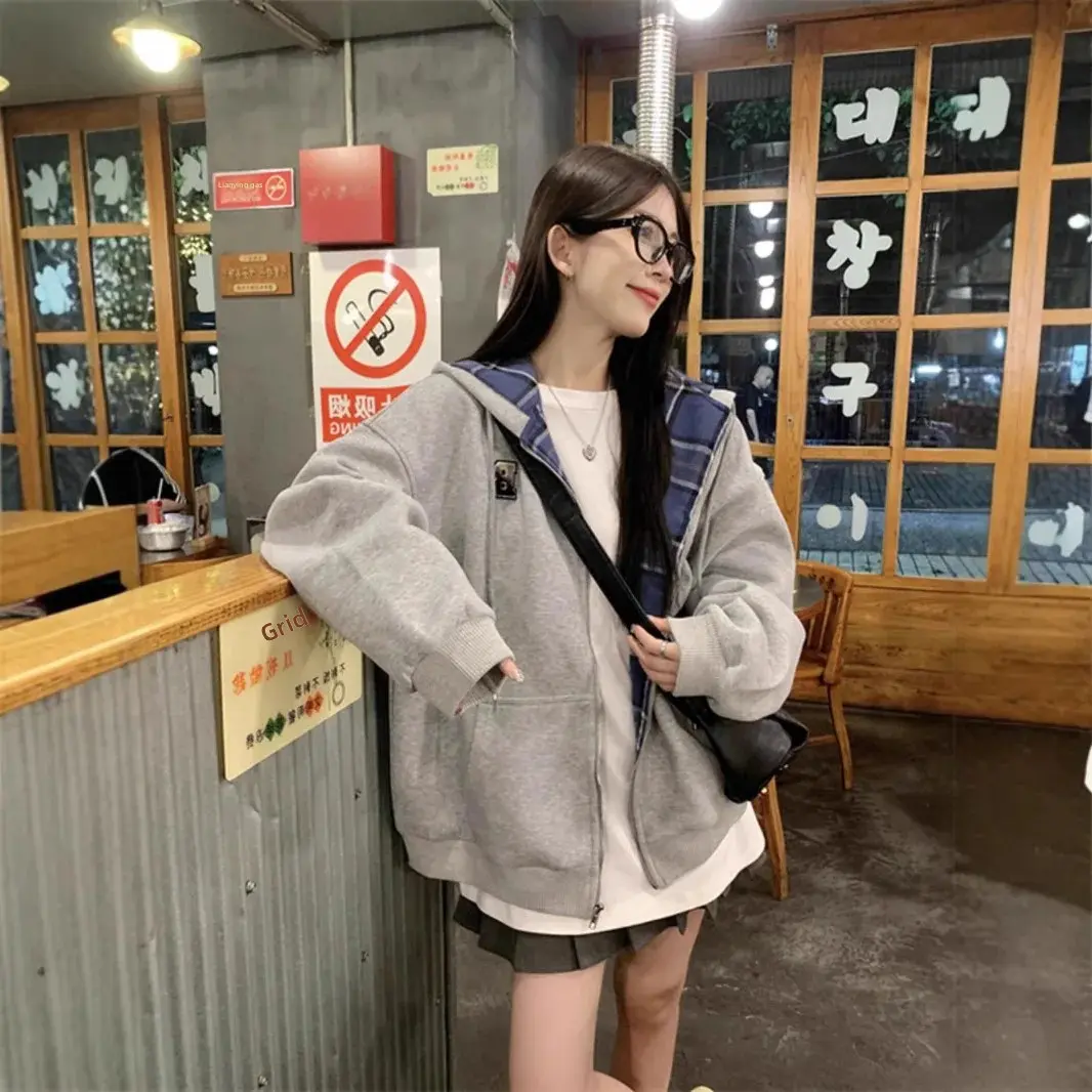 Retro American Plaid Splicing Hoodie Women's Spring Autumn New Oversize Loose Lazy Style Open Cardigan Coat Polyester Fiber