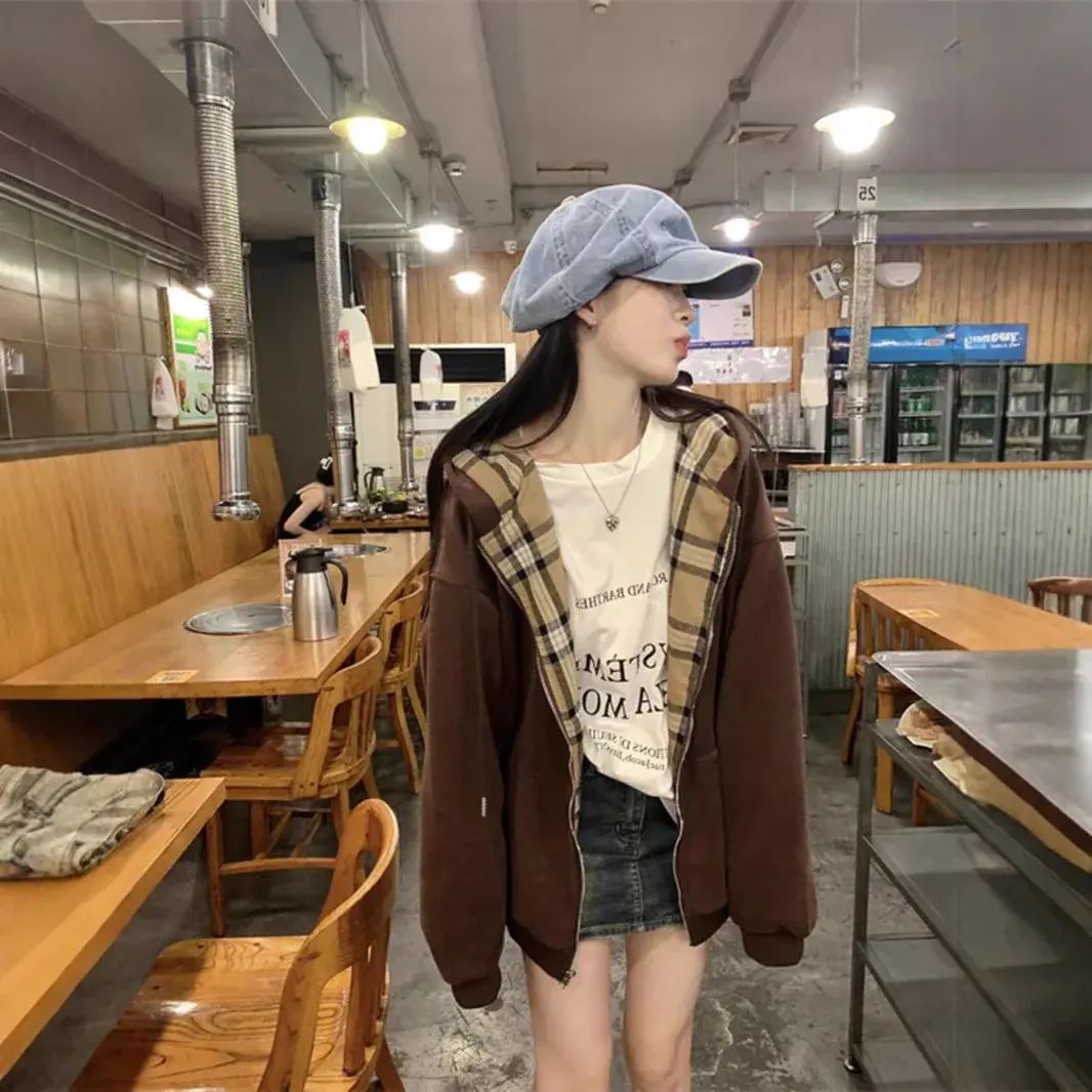 Retro American Plaid Splicing Hoodie Women's Spring Autumn New Oversize Loose Lazy Style Open Cardigan Coat Polyester Fiber