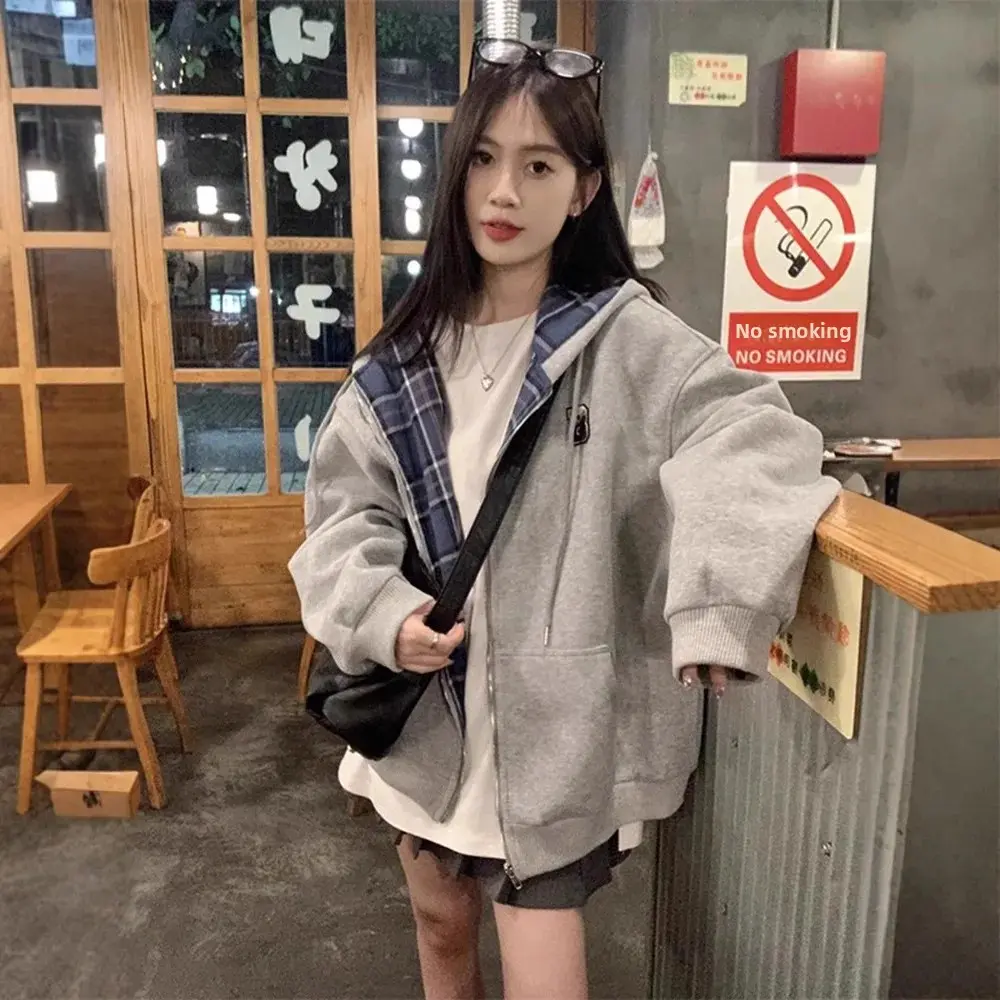 Retro American Plaid Splicing Hoodie Women's Spring Autumn New Oversize Loose Lazy Style Open Cardigan Coat Polyester Fiber