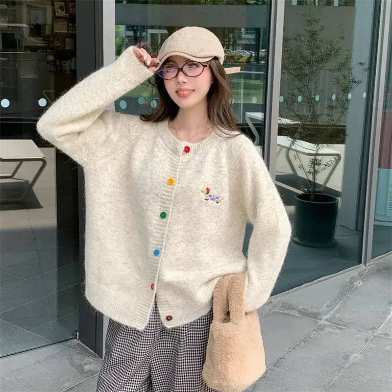 Dopamine round Neck Long Sleeve Embroidered Knitted Cardigan Women's Autumn Hot Sale Of The Season Korean Style Versatile Top Co