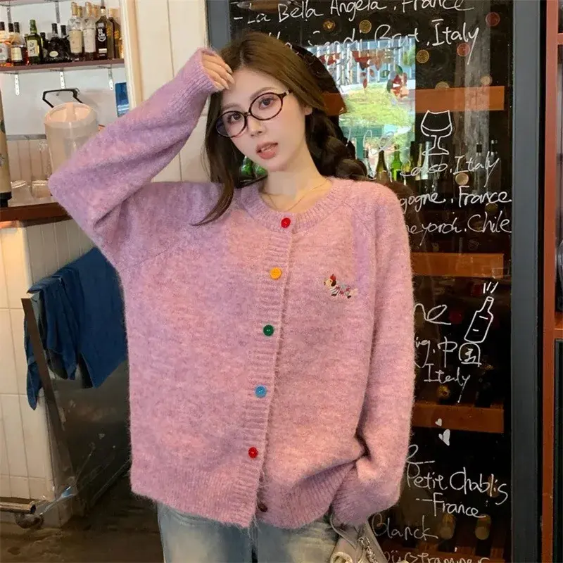 Dopamine round Neck Long Sleeve Embroidered Knitted Cardigan Women's Autumn Hot Sale Of The Season Korean Style Versatile Top Co