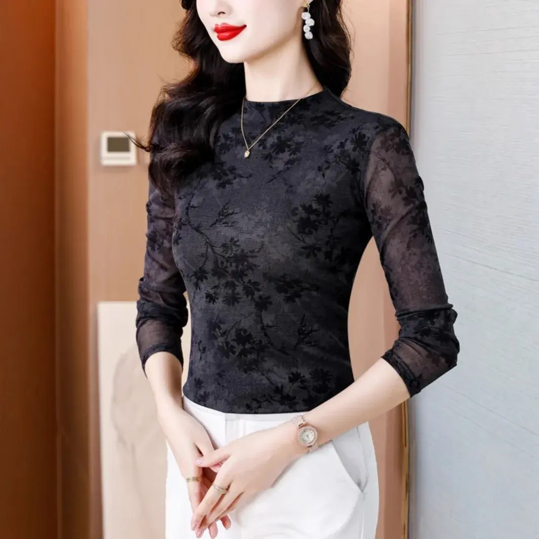 Elegant Fashionable Inner Slimming Long Sleeve T-Shirt Pullover Top For Women 2024 Winter New Style Base Layer Top Polyester Fab
