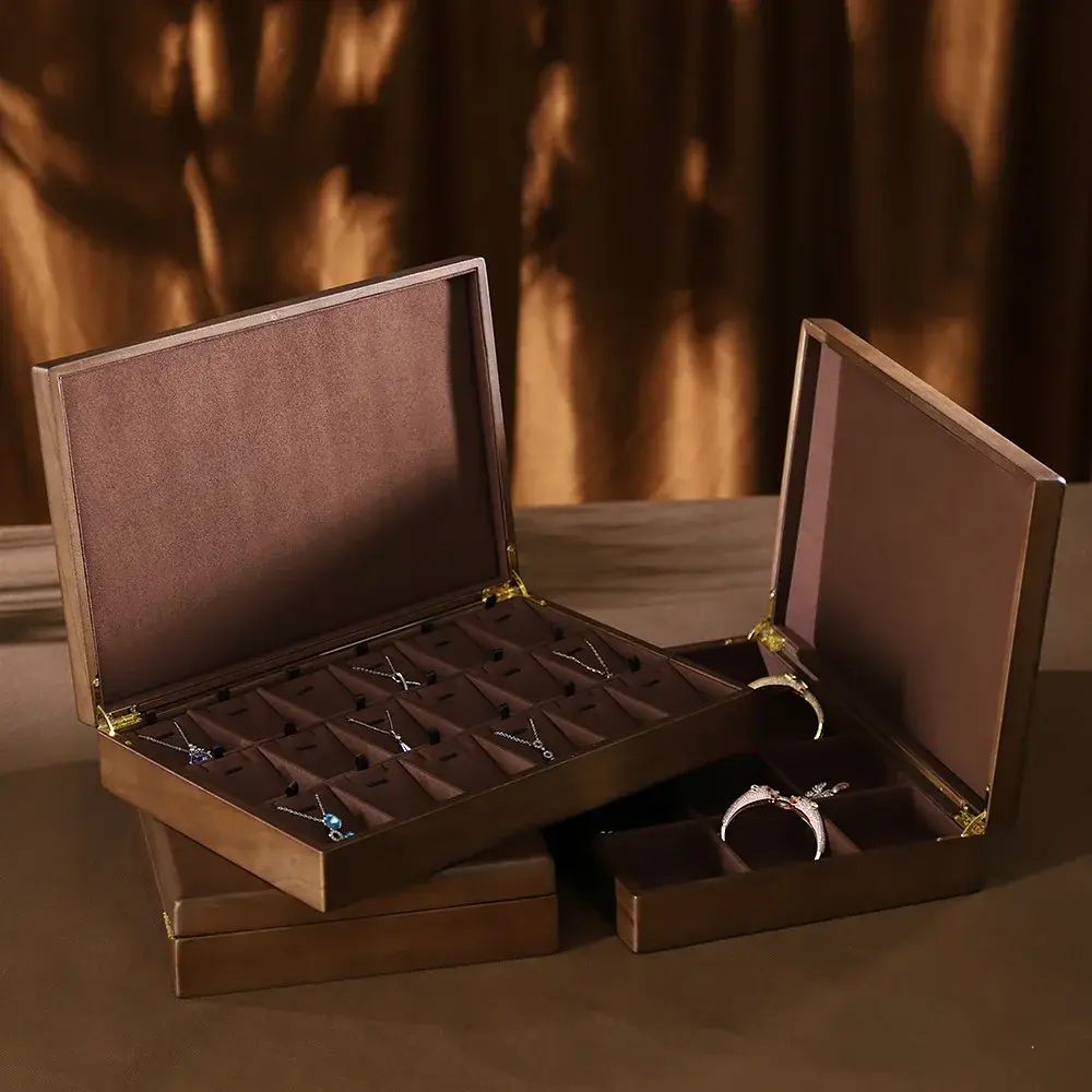 Wooden Vintage Jewelry Box Chinese Style Ring Necklace Bracelet Storage Case Glossy Finish Jewelry Display Box For Home Organiza