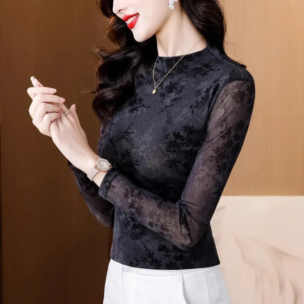 Elegant Fashionable Inner Slimming Long Sleeve T-Shirt Pullover Top For Women 2024 Winter New Style Base Layer Top Polyester Fab