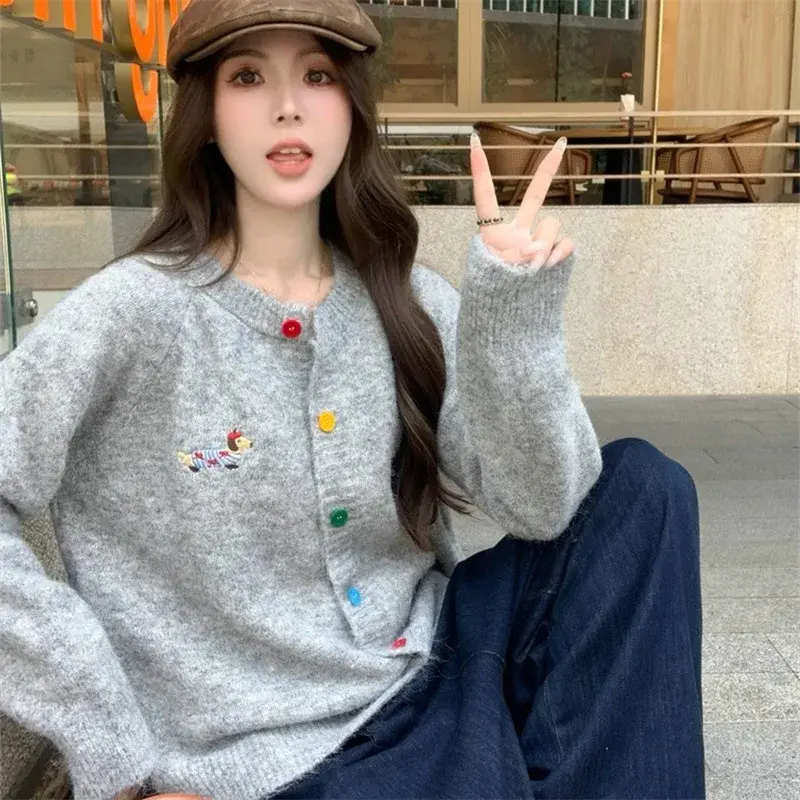 Dopamine round Neck Long Sleeve Embroidered Knitted Cardigan Women's Autumn Hot Sale Of The Season Korean Style Versatile Top Co