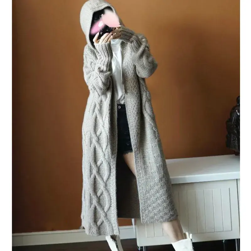 ChicSweaterJacketWomen's Long Idle Style Loose-Fit Cardigan Hooded Cable Knit Thickened Coat From Korea