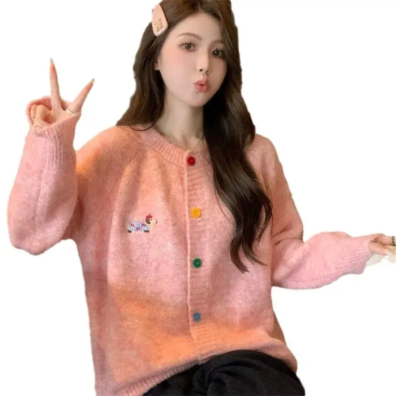 Dopamine round Neck Long Sleeve Embroidered Knitted Cardigan Women's Autumn Hot Sale Of The Season Korean Style Versatile Top Co