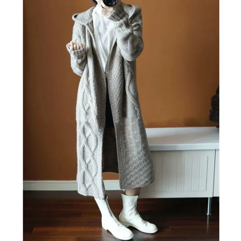 ChicSweaterJacketWomen's Long Idle Style Loose-Fit Cardigan Hooded Cable Knit Thickened Coat From Korea