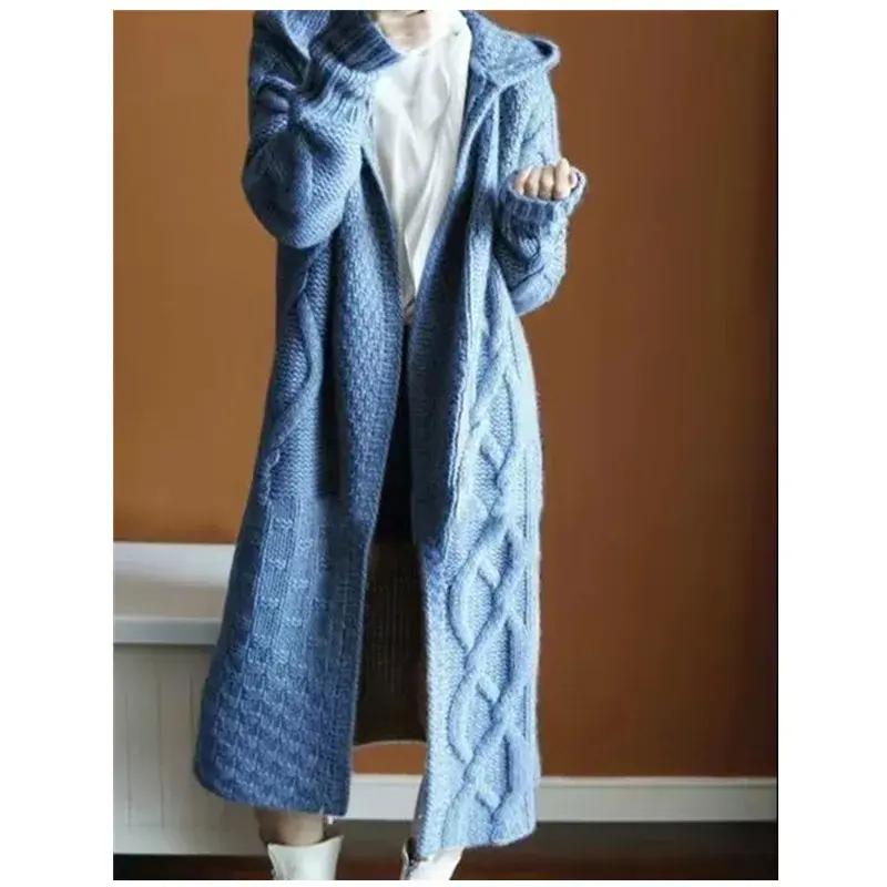 ChicSweaterJacketWomen's Long Idle Style Loose-Fit Cardigan Hooded Cable Knit Thickened Coat From Korea