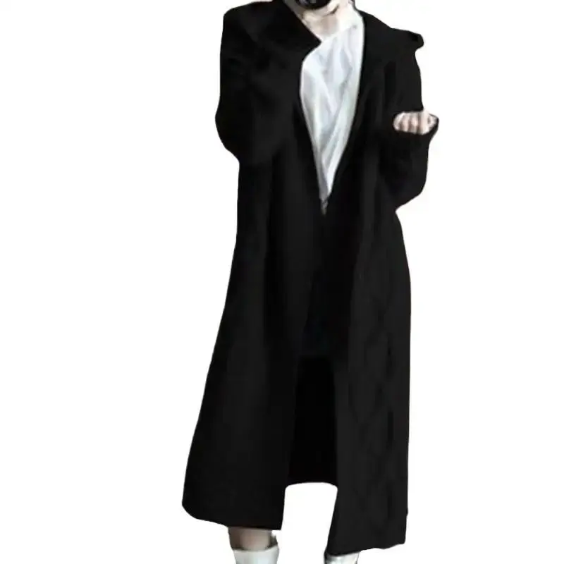 ChicSweaterJacketWomen's Long Idle Style Loose-Fit Cardigan Hooded Cable Knit Thickened Coat From Korea