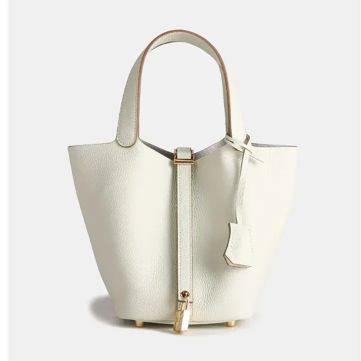 2024 New Large Capacity Solid Color Headlayer Cow Leather Litchi Pattern Basket Bag Commute Handheld Bucket Bag Motorcycle Equip