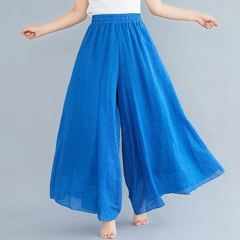 Large Size Cotton Linhwa Pants Skirt with Elastic Waist Pure Color National Style Wide Leg Pants Skirt for Women
