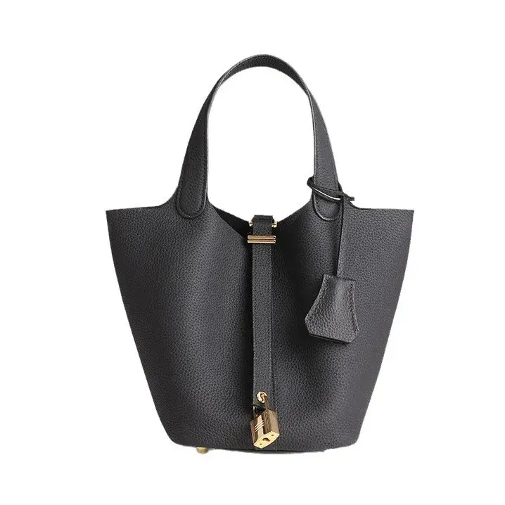 2024 New Large Capacity Solid Color Headlayer Cow Leather Litchi Pattern Basket Bag Commute Handheld Bucket Bag Motorcycle Equip