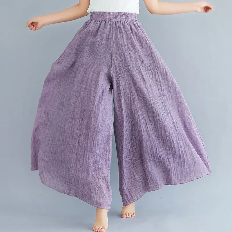 Large Size Cotton Linhwa Pants Skirt with Elastic Waist Pure Color National Style Wide Leg Pants Skirt for Women