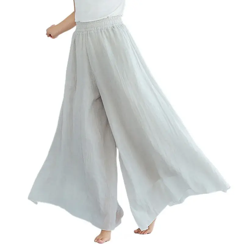 Large Size Cotton Linhwa Pants Skirt with Elastic Waist Pure Color National Style Wide Leg Pants Skirt for Women