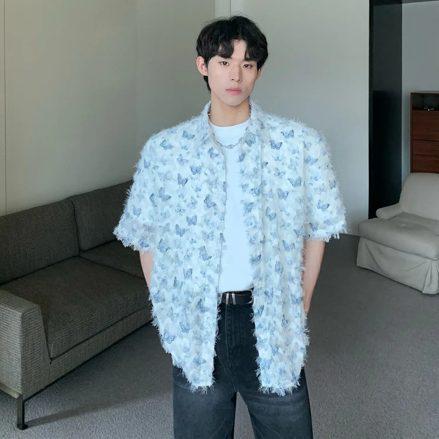 American Style Niche Butterfly Fringed Design Shirt Original 3D Fringed Collar Men's Casual Fashion Blouse